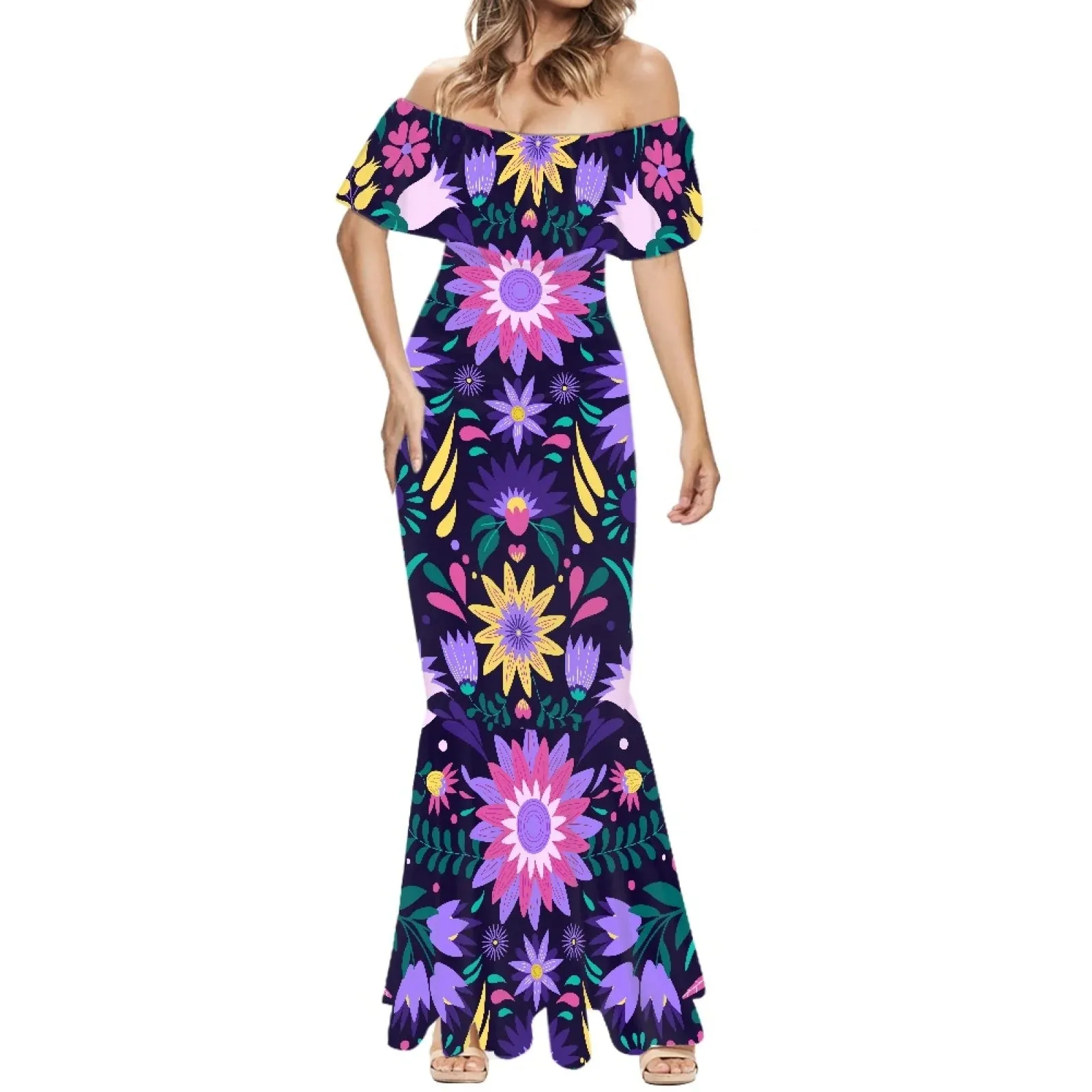 1pc Customized Hawaiian Print Women's 2024 Summer Dress Off The Shoulder Short Sleeve Shawl Casual Party Bodycon Mixi Dresses