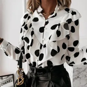 2021 Casual Button-Up Ladies Office Top Long Sleeve Ruffle Blouse Size L