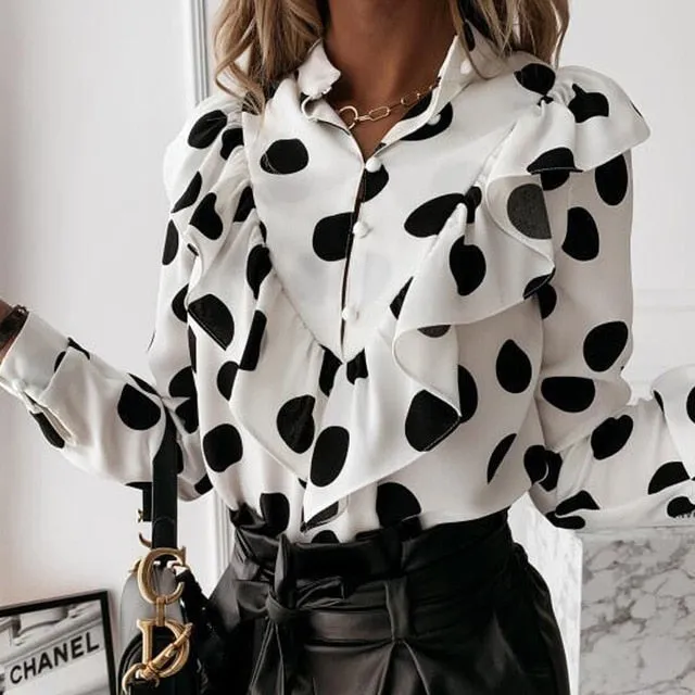 2021 Casual Button-Up Ladies Office Top Long Sleeve Ruffle Blouse Size XL