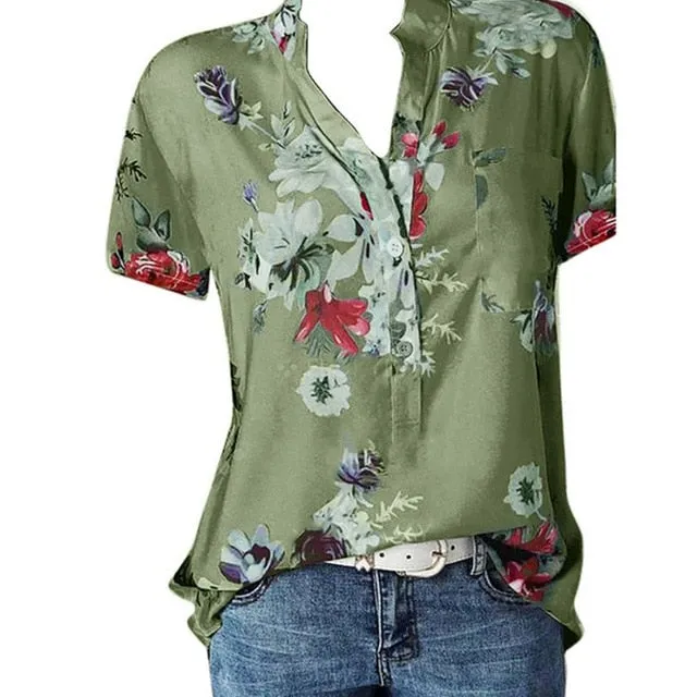 2021 Elegant Women's Shirt V-neck short-sleeve Sizes S - 5XL