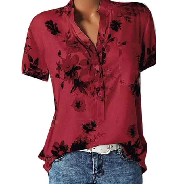 2021 Elegant Women's Shirt V-neck short-sleeve Sizes S - 5XL