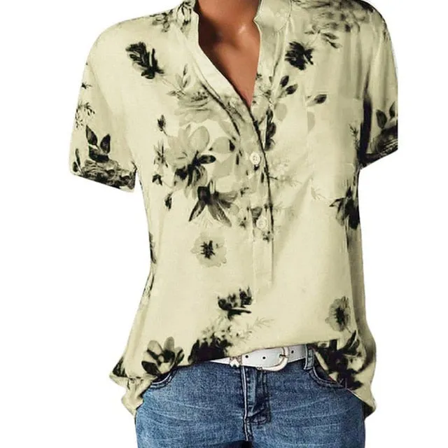 2021 Elegant Women's Shirt V-neck short-sleeve Sizes S - 5XL