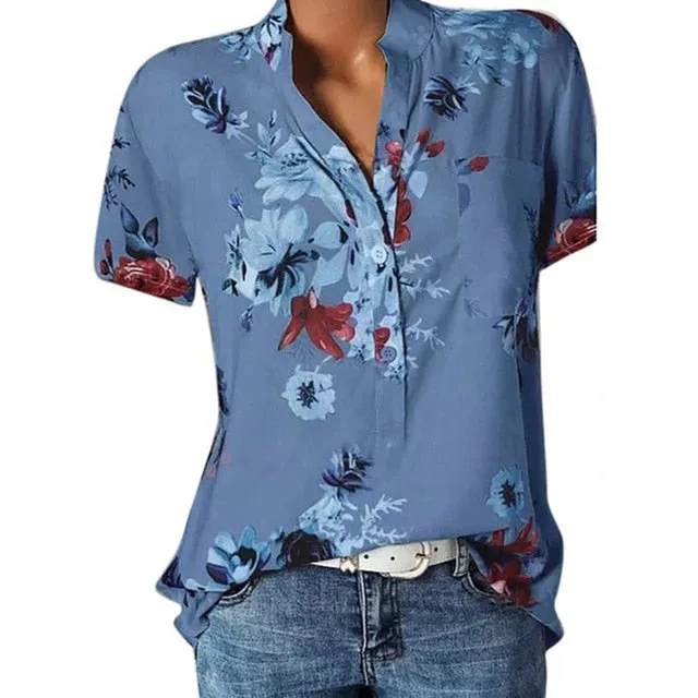 2021 Elegant Women's Shirt V-neck short-sleeve Sizes S - 5XL