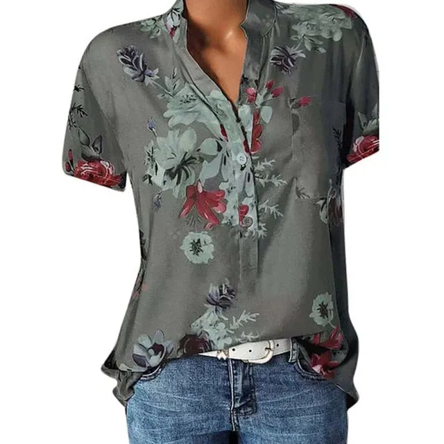 2021 Elegant Women's Shirt V-neck short-sleeve Sizes S - 5XL