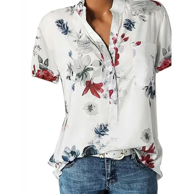 2021 Elegant Women's Shirt V-neck short-sleeve Sizes S - 5XL