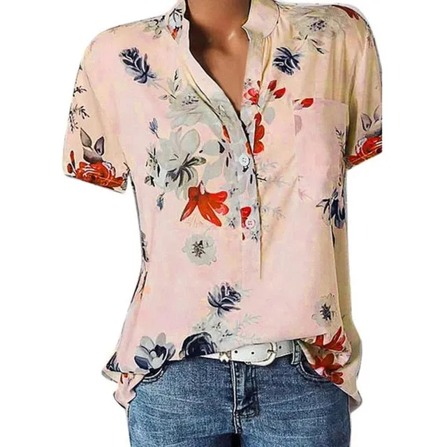 2021 Elegant Women's Shirt V-neck short-sleeve Sizes S - 5XL