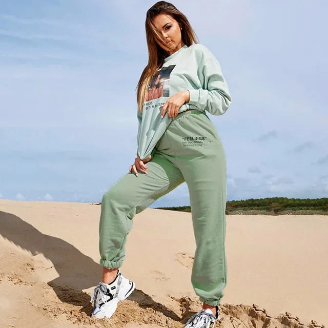 2021 Sexy High Waist Loose Fleece Sweatpants With Pockets Printed Korean Style Size M