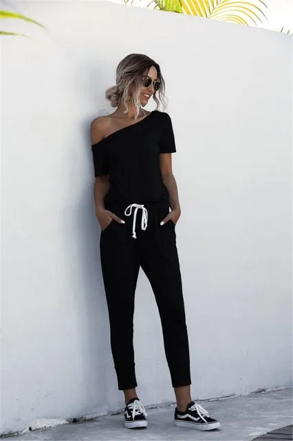 2021 Summer Jumpsuits Drawstring Design Pocket Short Sleeve Size S - XL