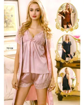 3 Pcs Sexy Slik Short Nighty With Gown - 7610