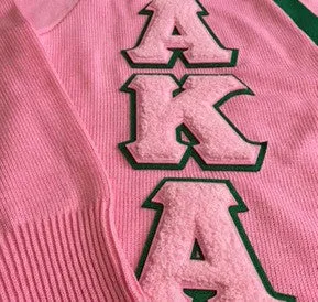 AKA Cardigan Pink & Green w/Stripes (Chenille Letters)