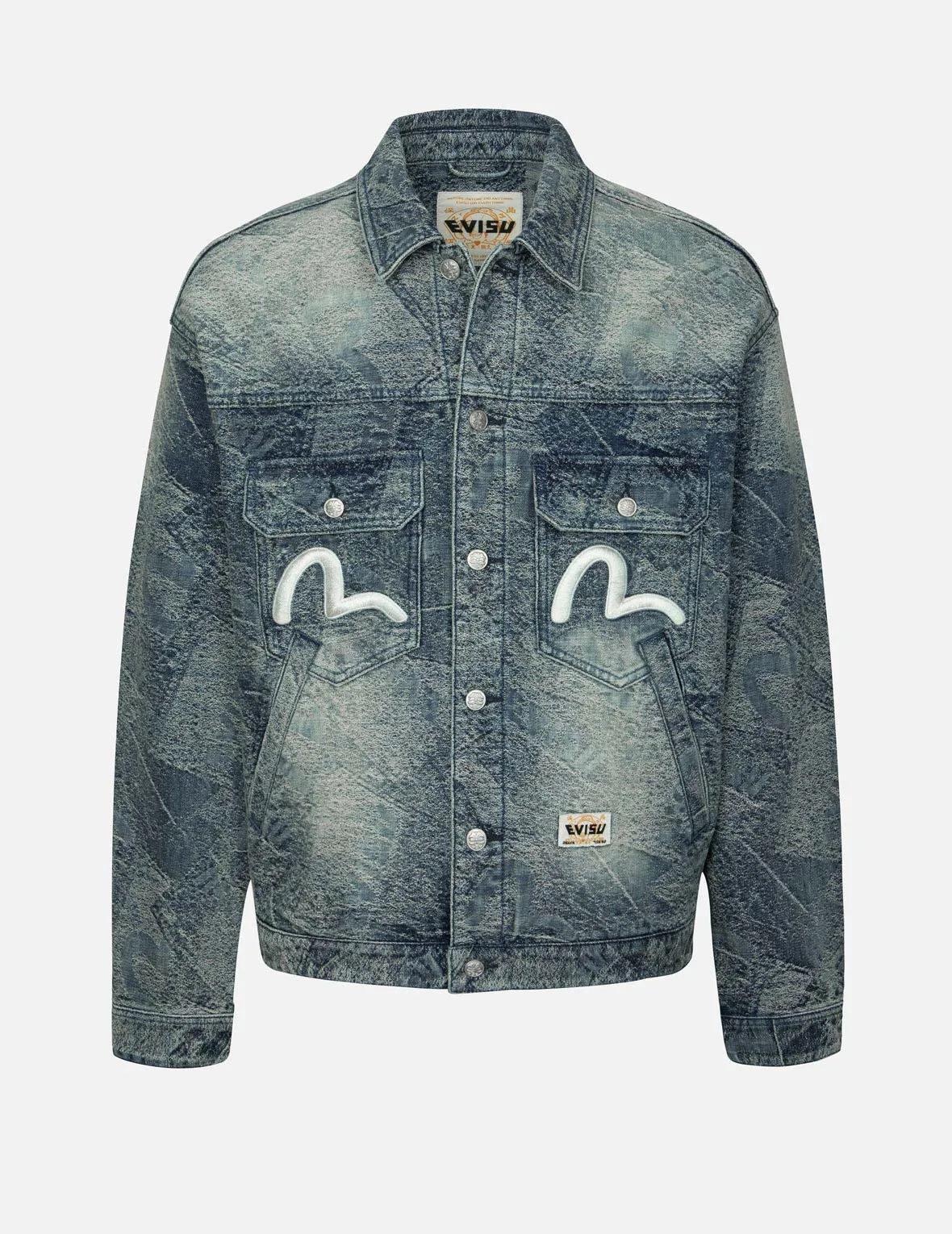 Allover Pocket Print and Seagull Embroidery Loose Fit Denim Jacket