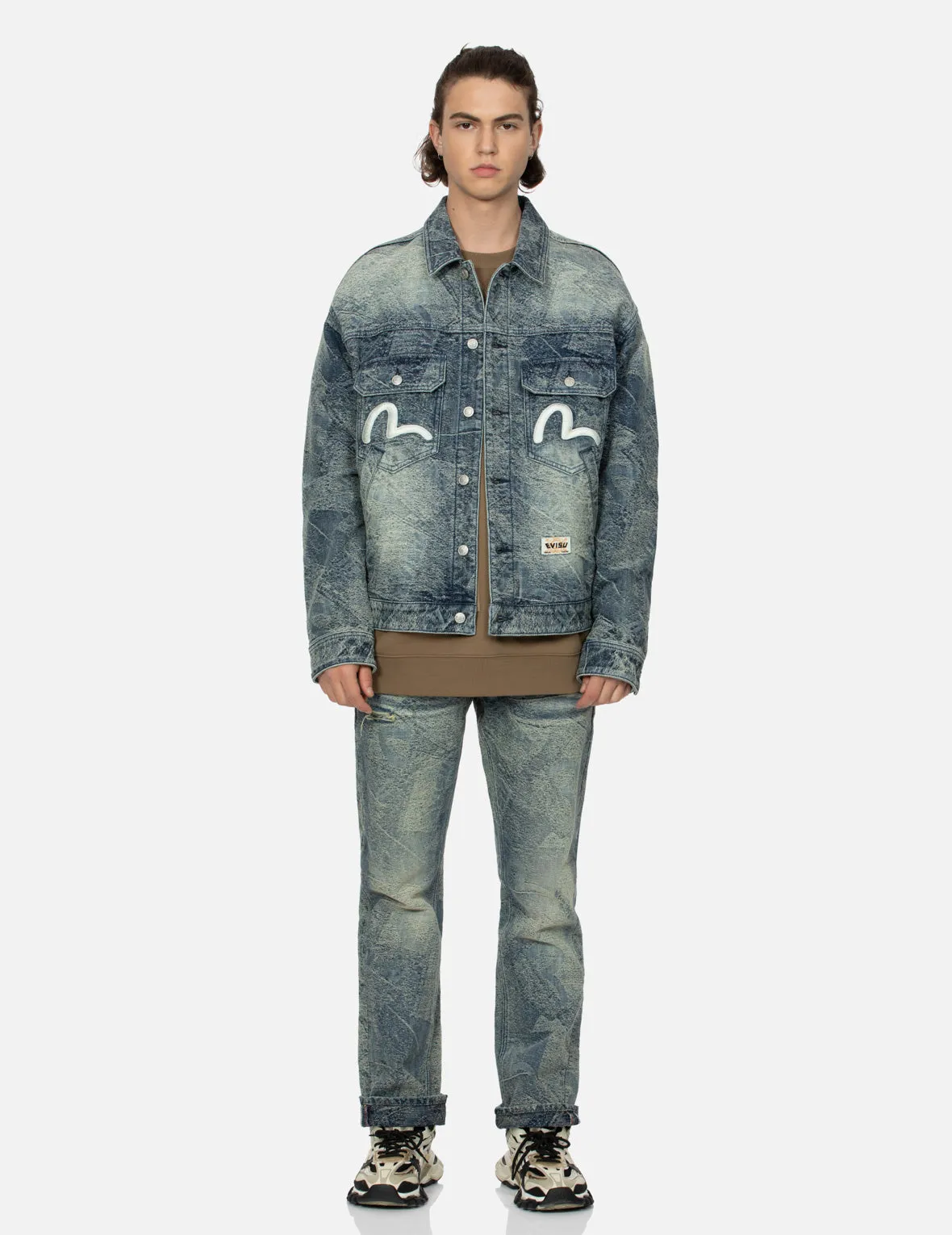 Allover Pocket Print and Seagull Embroidery Loose Fit Denim Jacket