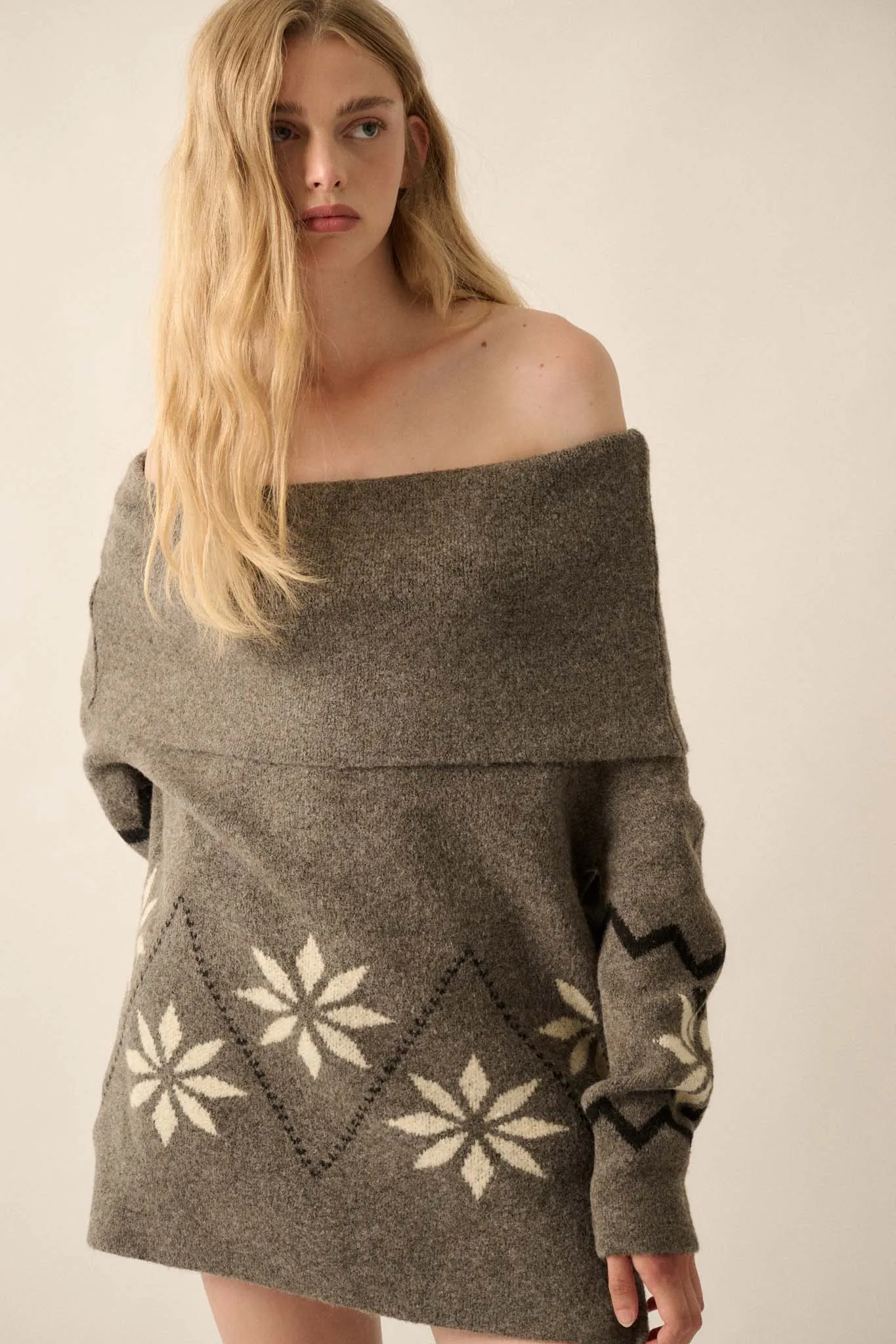 Apres Ski Off-Shoulder Foldover Alpine Sweater