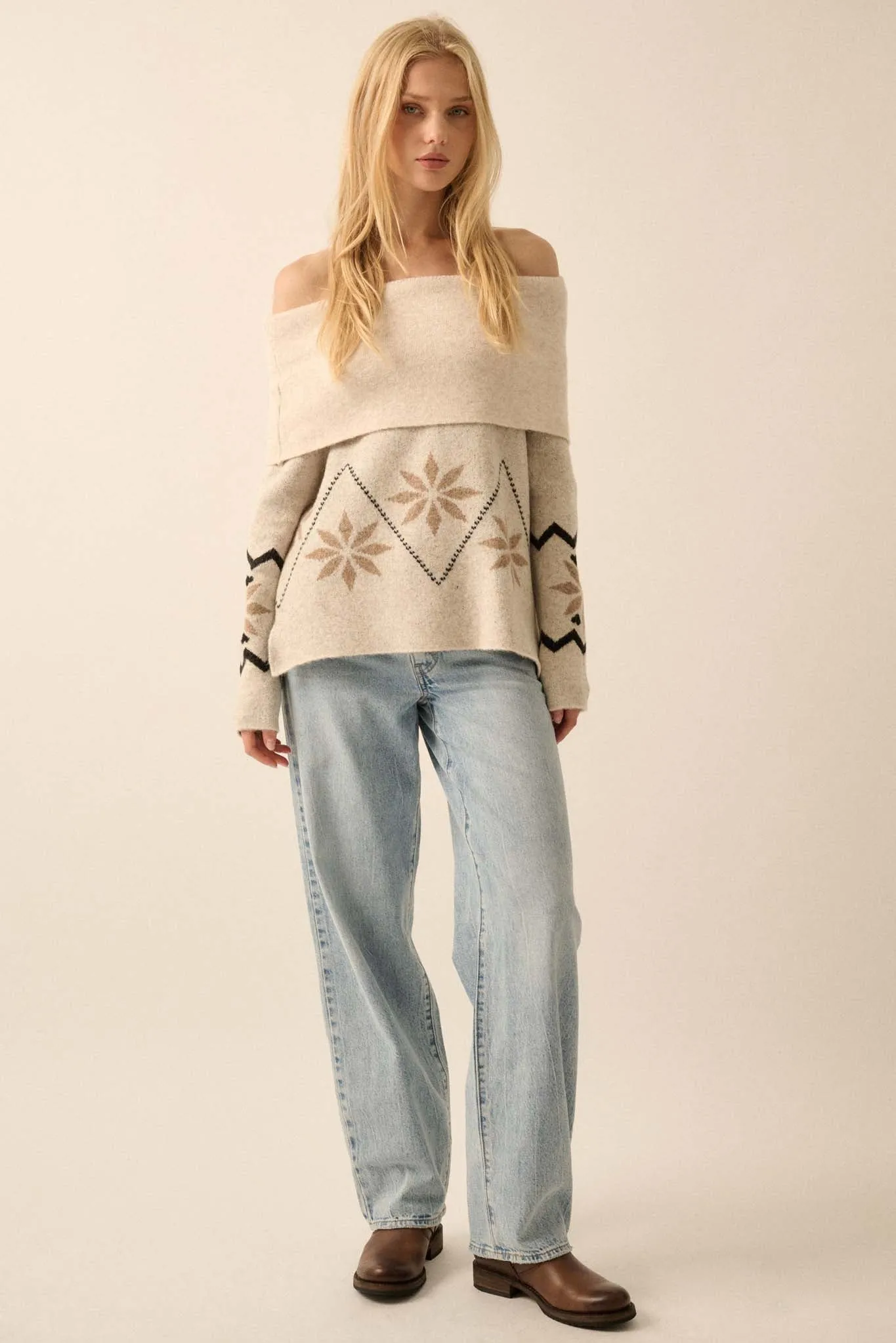 Apres Ski Off-Shoulder Foldover Alpine Sweater