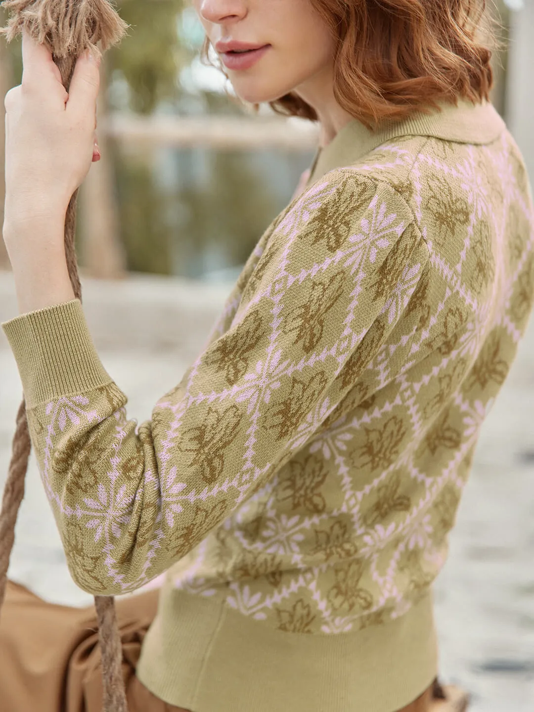 Ariana Iris Floral Patterned Avocado Green Long Sleeves Knit Sweater