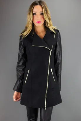 Asymmetric Zipper Closure Contrast Sleeve Coat