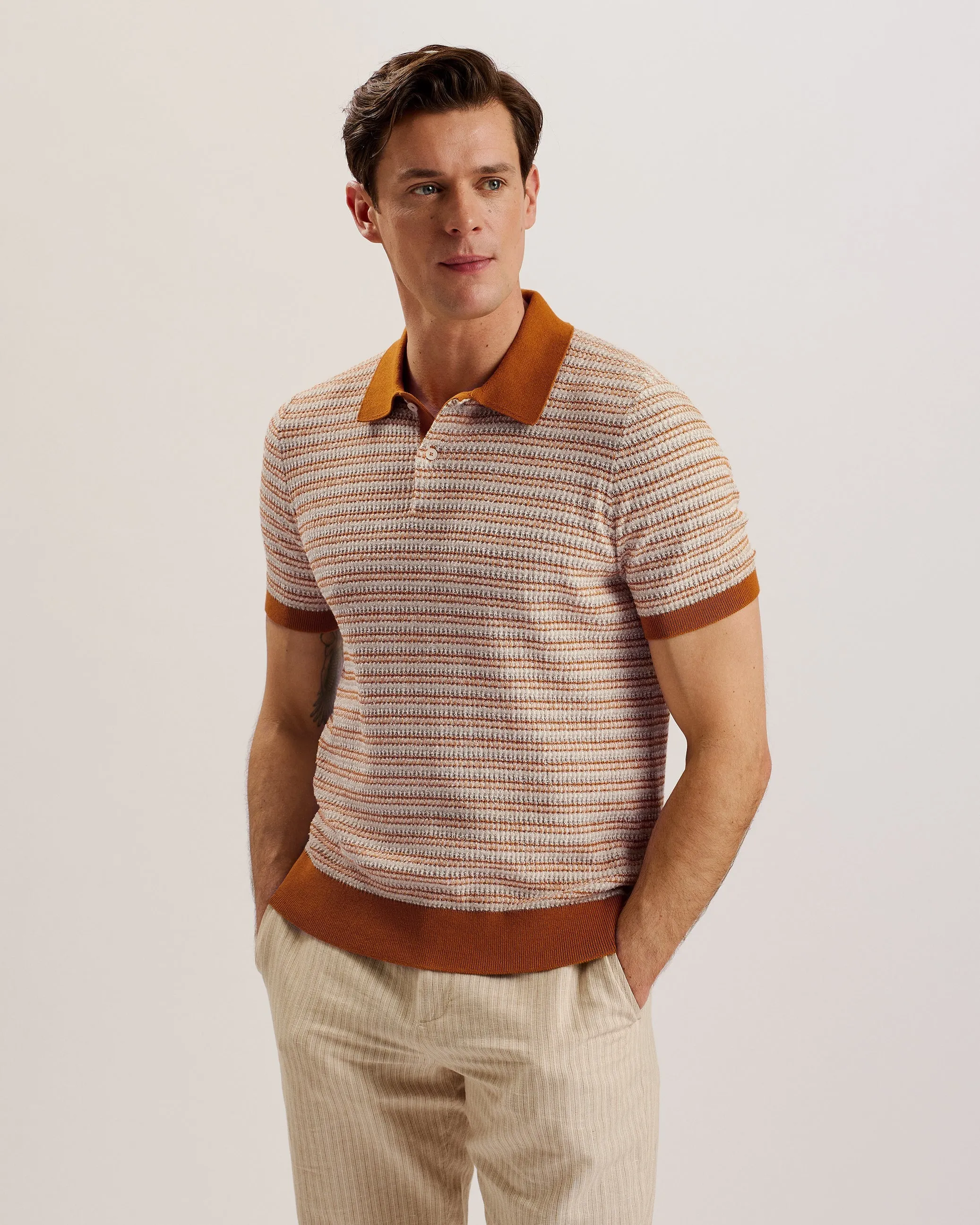 Ather Ss Regular Textured Stripe Polo Brt-Orange