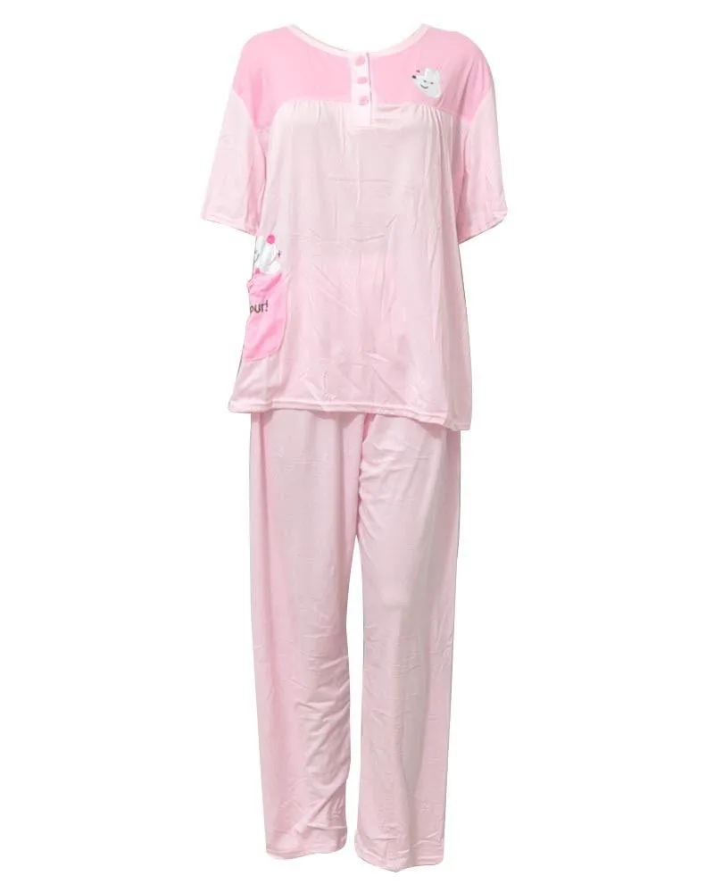 Baby Pink 2 Pcs Nightdress For Girls Plained & Front Button 701 - Women Nightdress