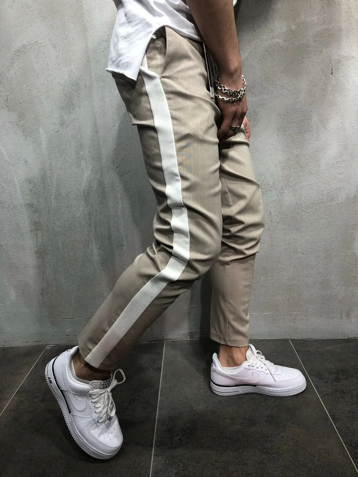 Beige Side Striped Casual Jogger Pant A110 Streetwear Jogger Pants