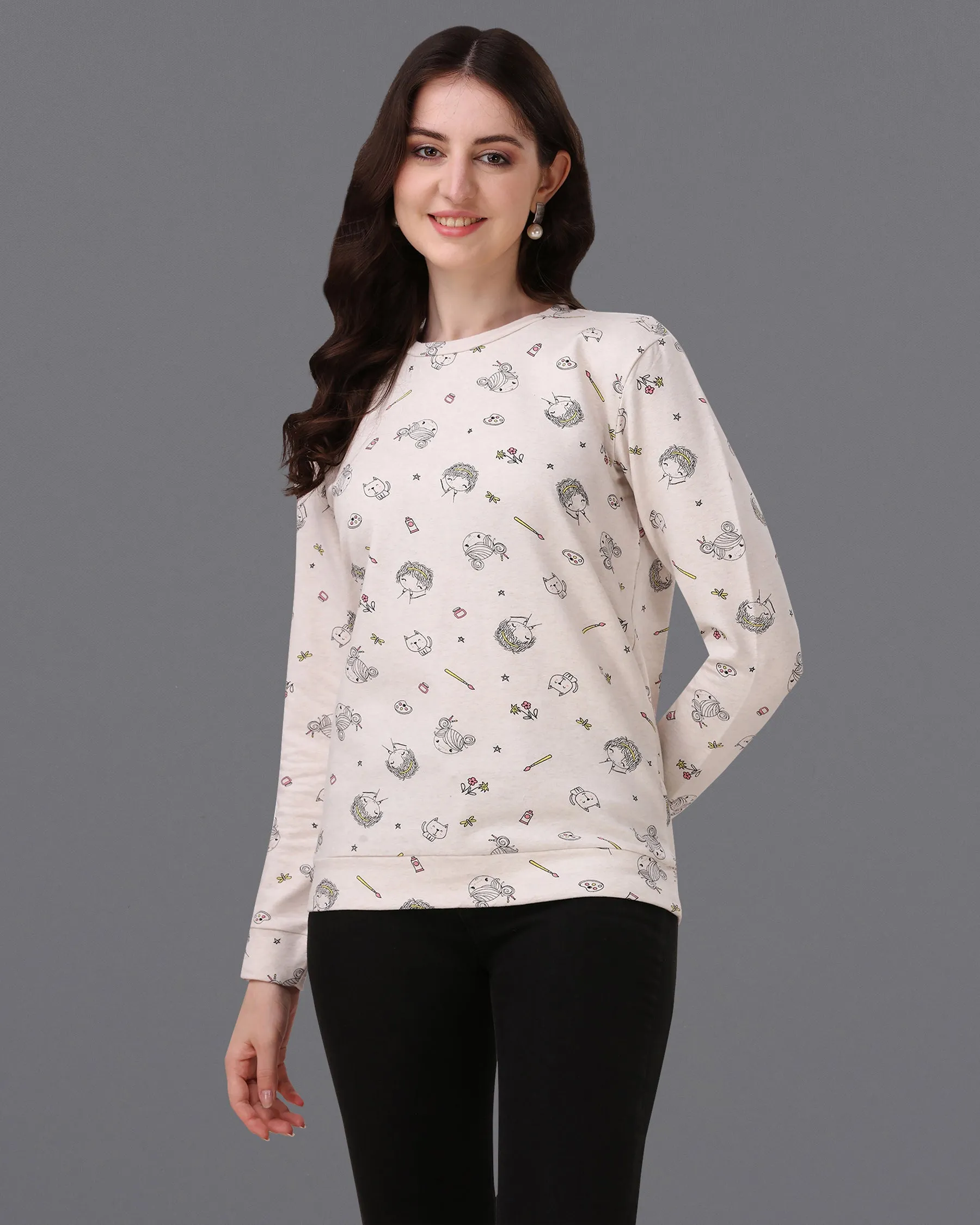 Bianca Cream Quirky Printed Premium Cotton Jersey Sweatshirt