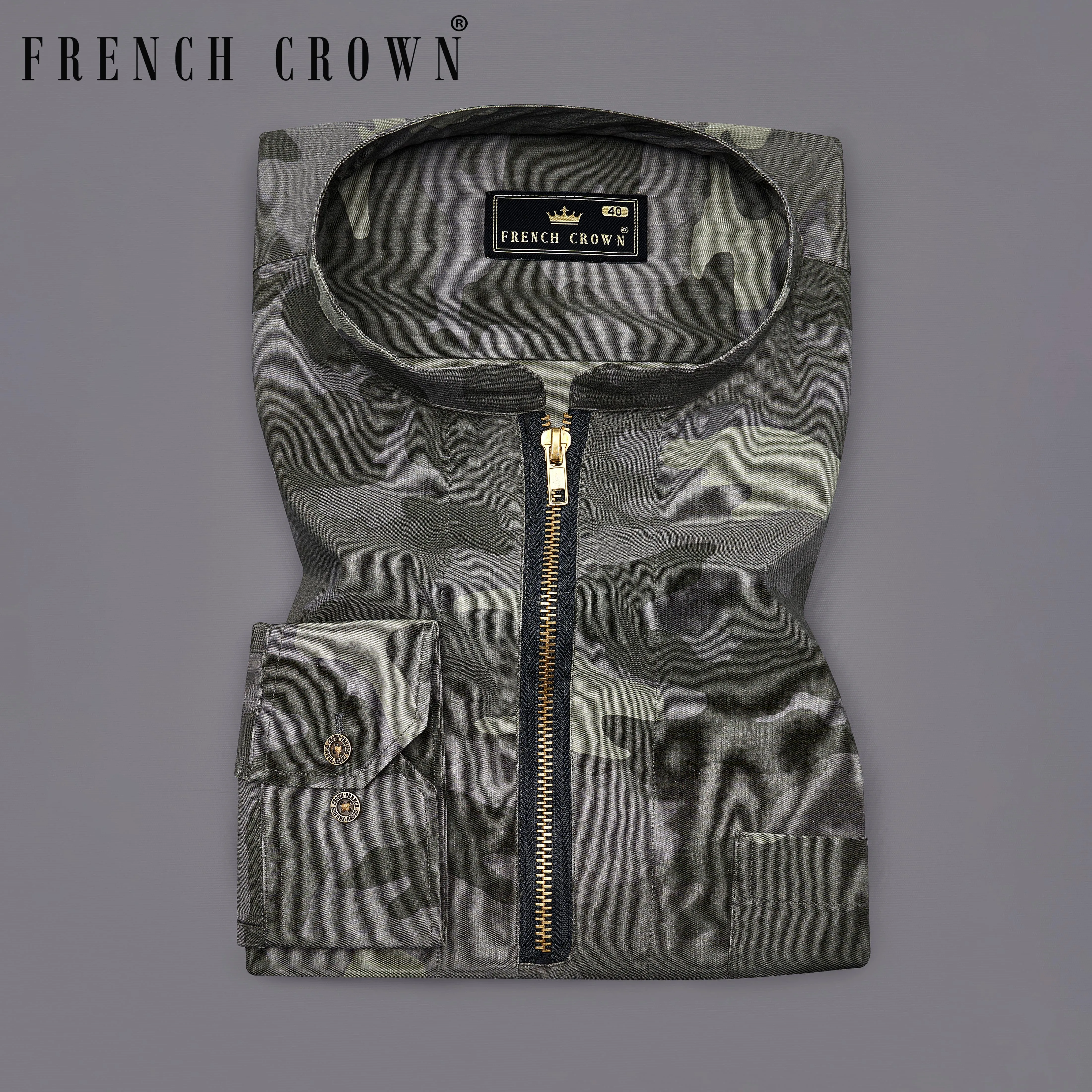 Birch Green with Wenge Gray Camouflage Printed Royal Oxford Designer zipper Shirt