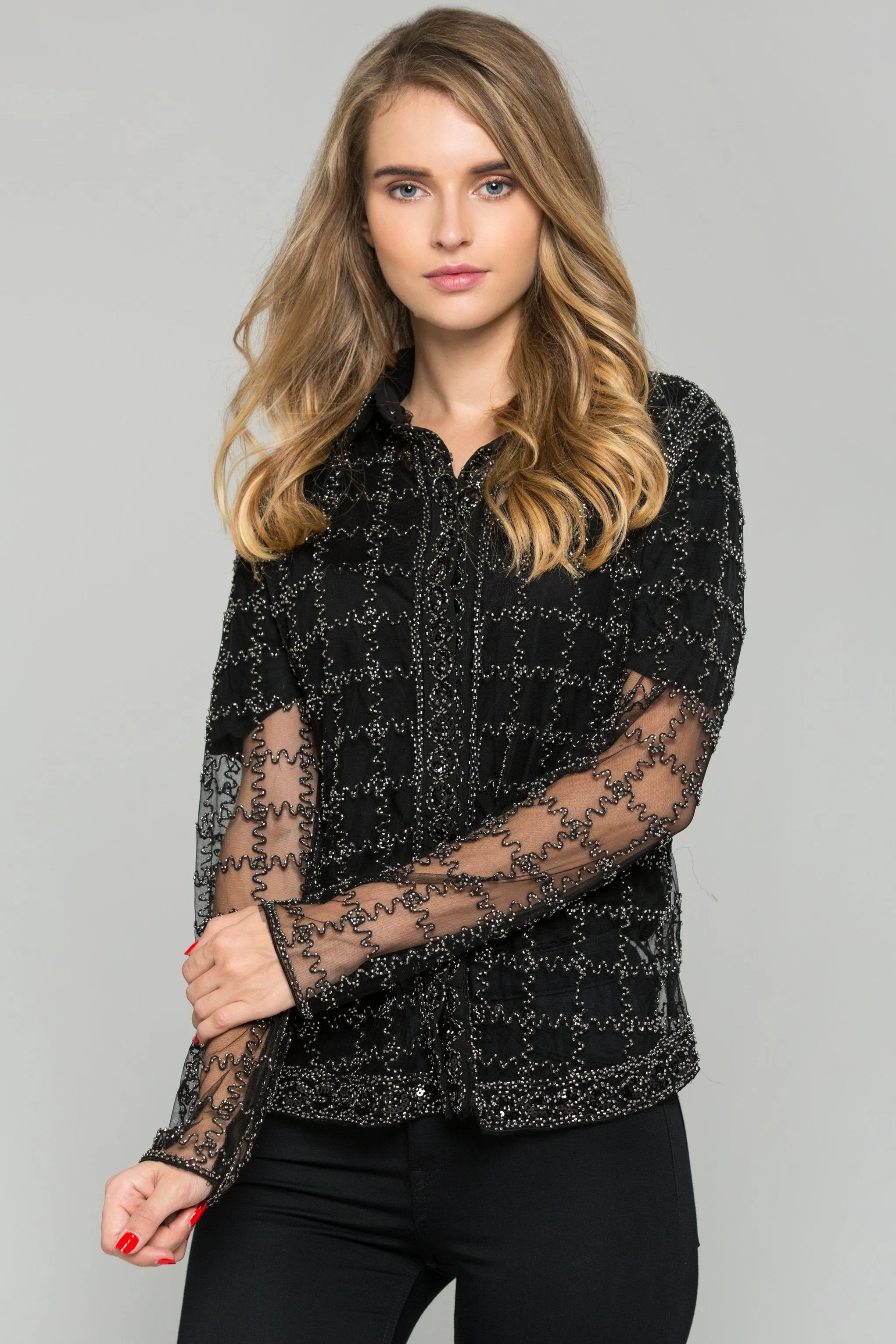 Black and Silver Embroidered Long Sleeved Top