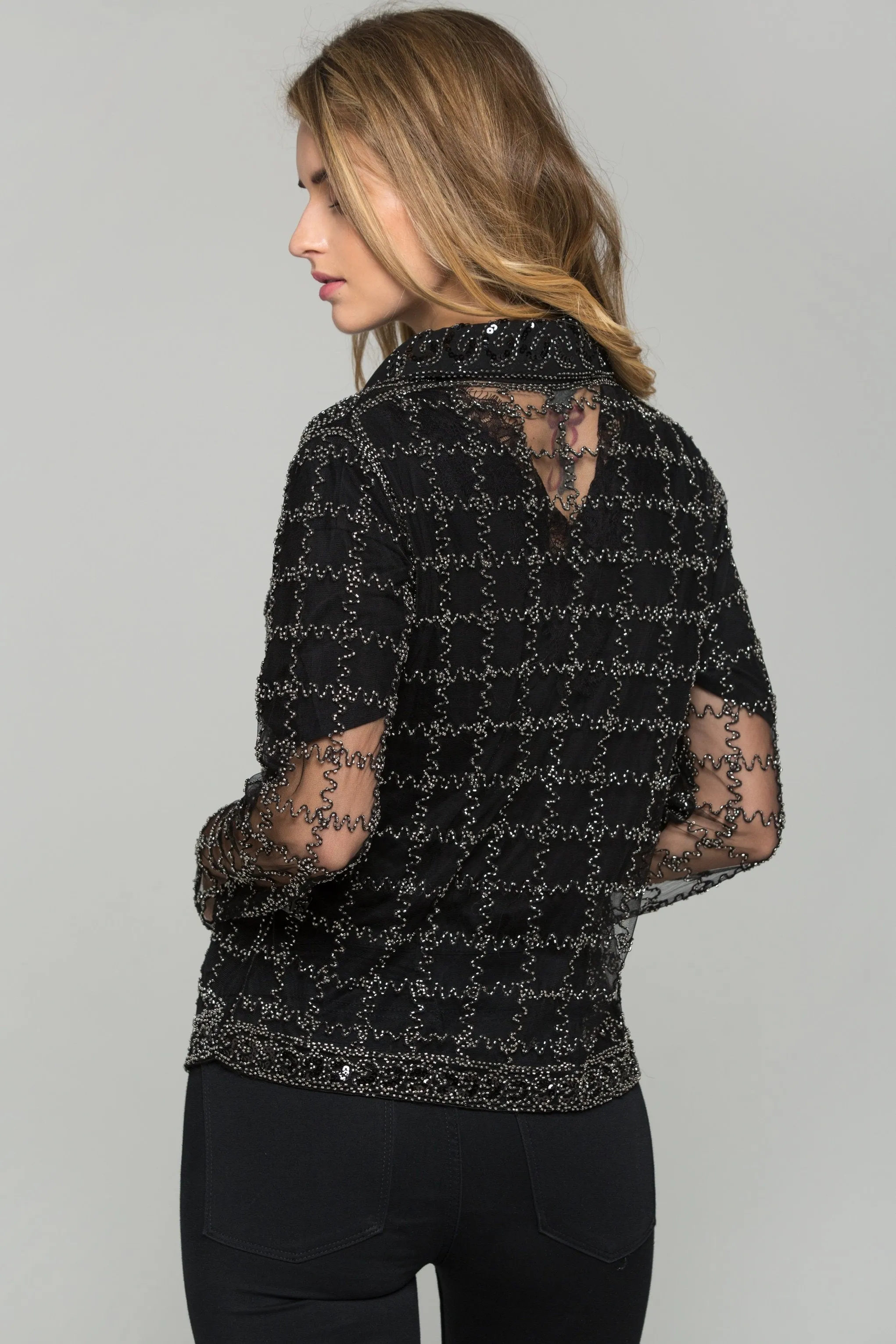 Black and Silver Embroidered Long Sleeved Top