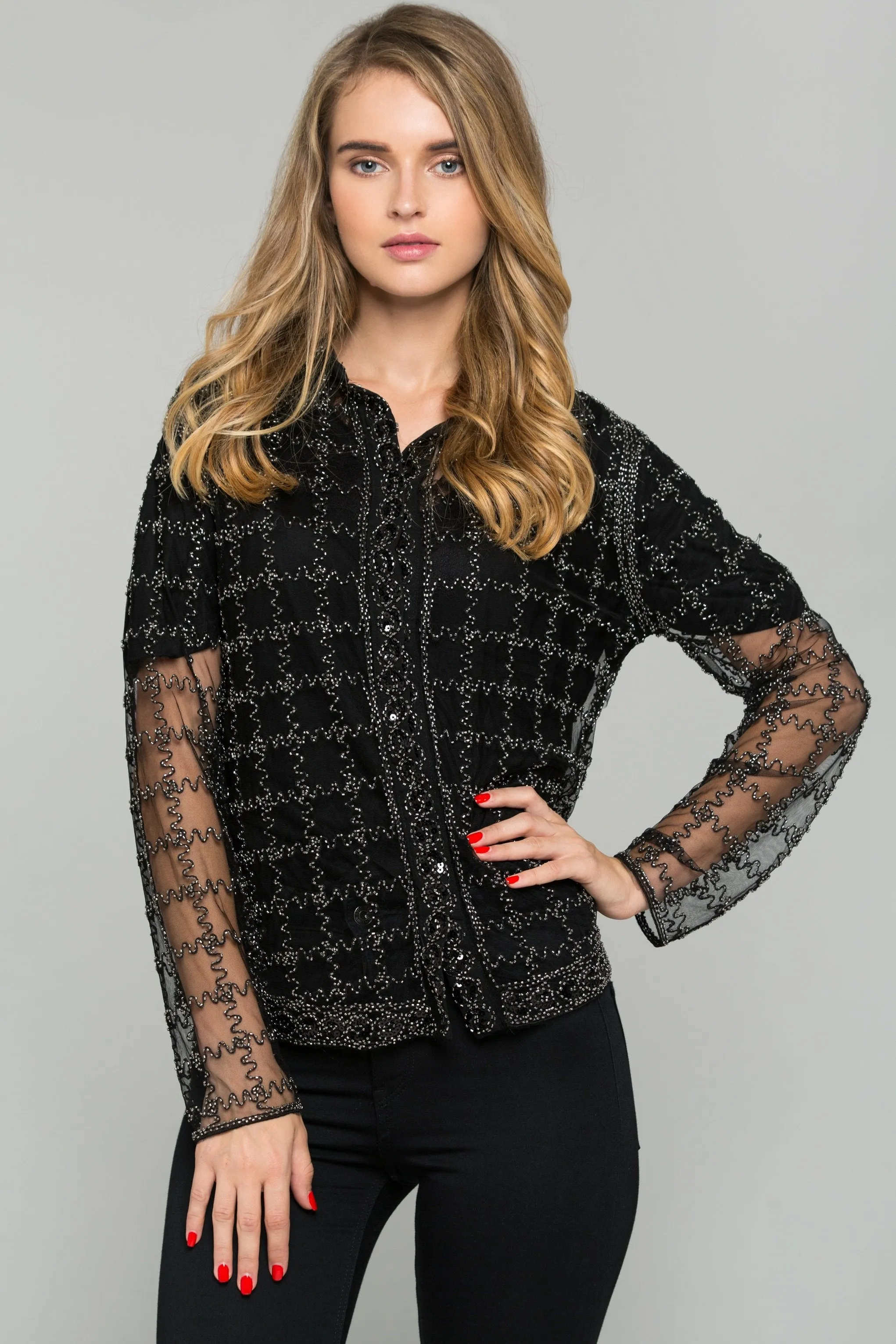 Black and Silver Embroidered Long Sleeved Top