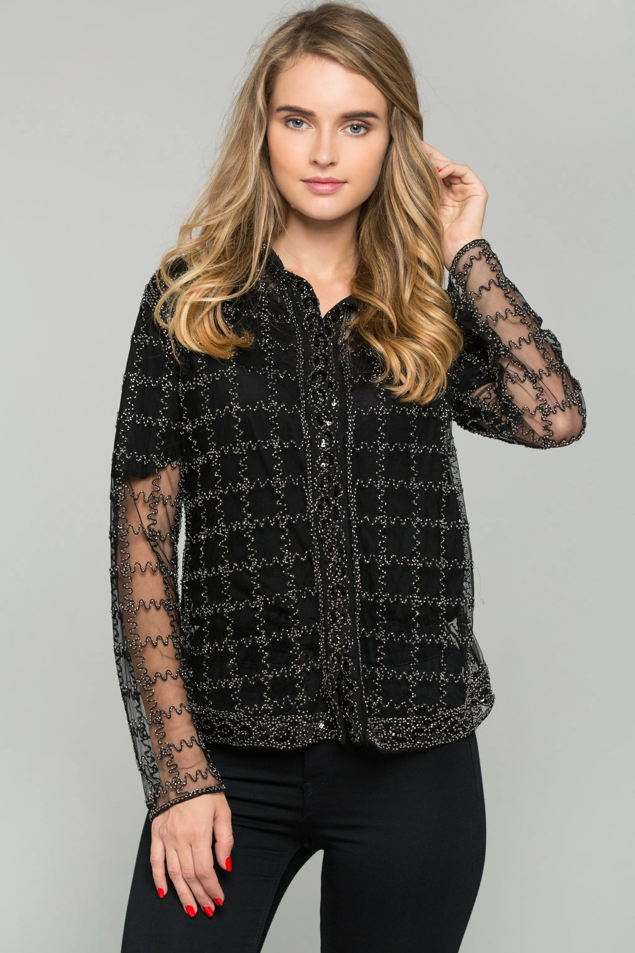 Black and Silver Embroidered Long Sleeved Top