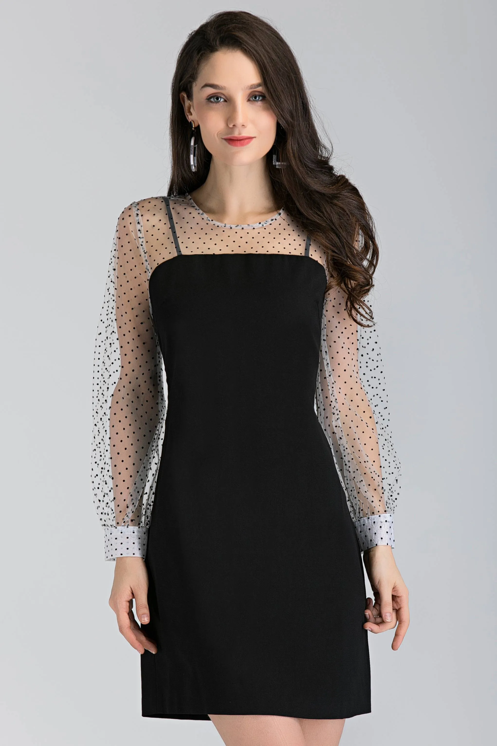 Black and White Sheer Polka Dot Sleeved Midi Dress