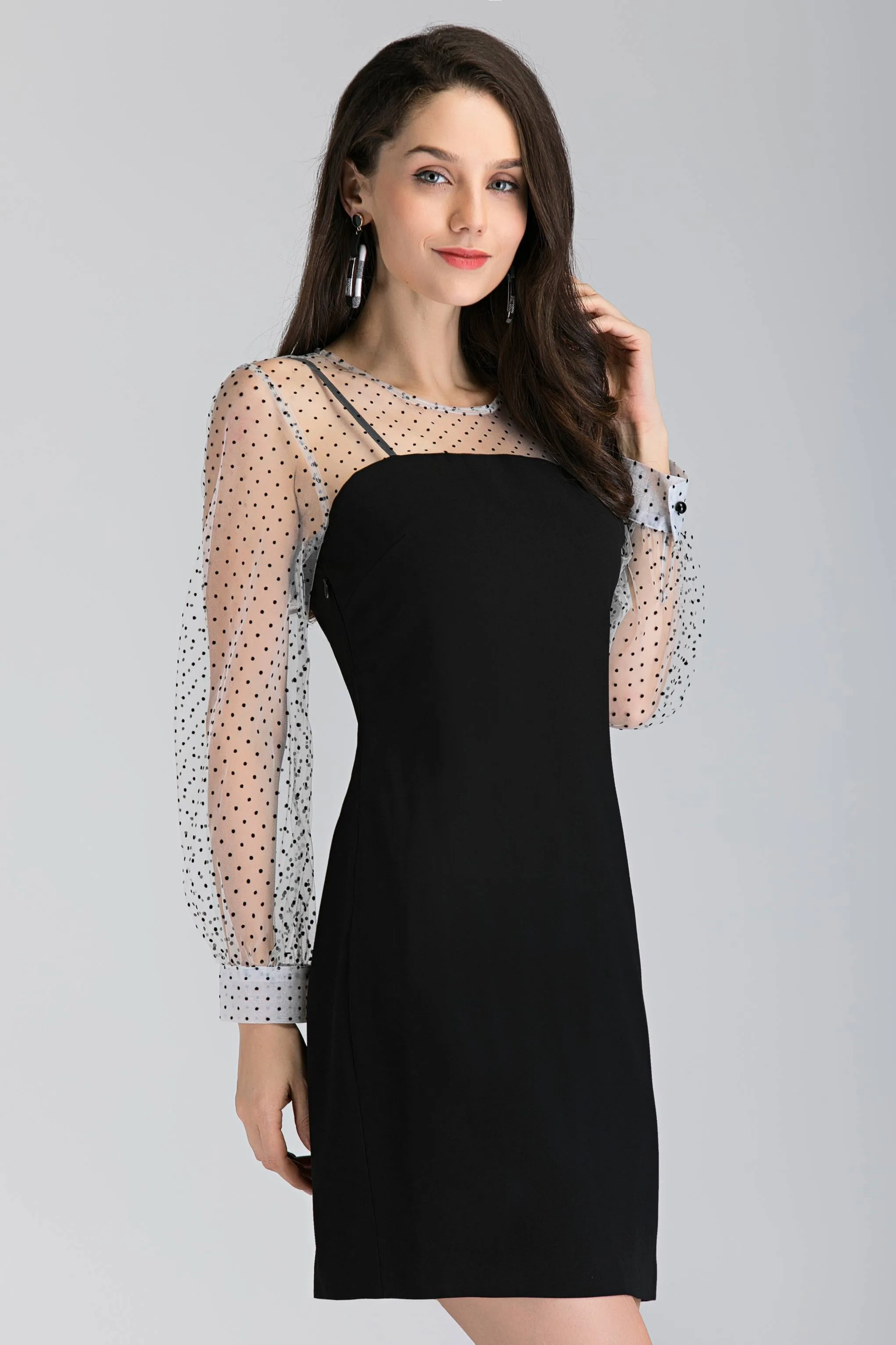 Black and White Sheer Polka Dot Sleeved Midi Dress