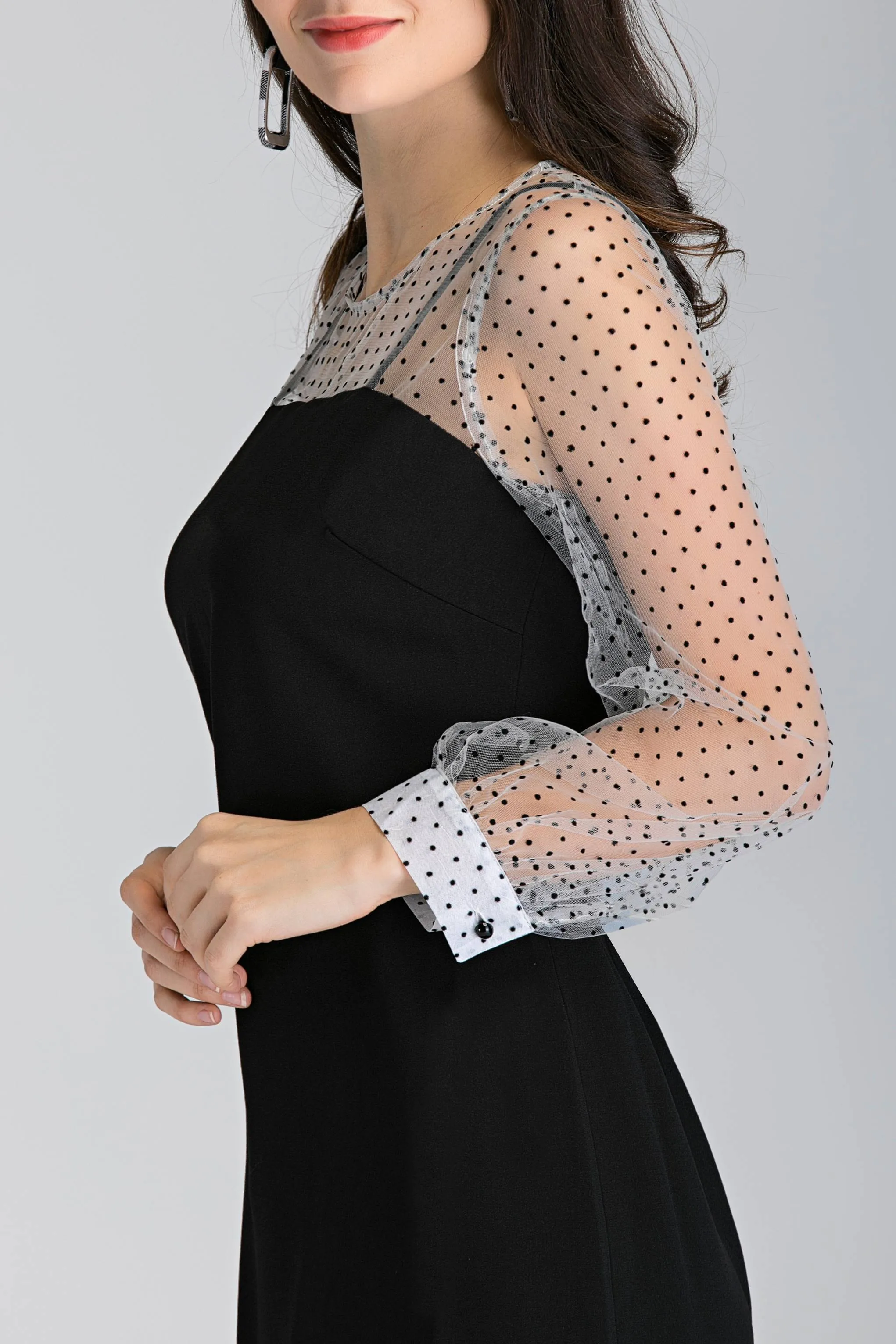 Black and White Sheer Polka Dot Sleeved Midi Dress