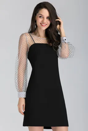 Black and White Sheer Polka Dot Sleeved Midi Dress