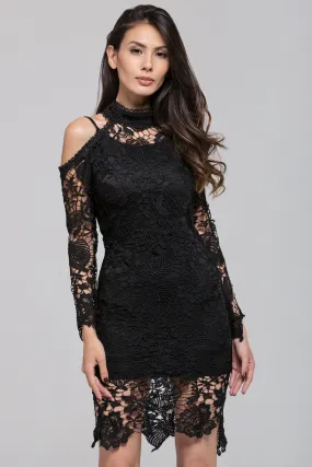 Black Heavy Lace Sleeved Cold Shoulder Midi Dress