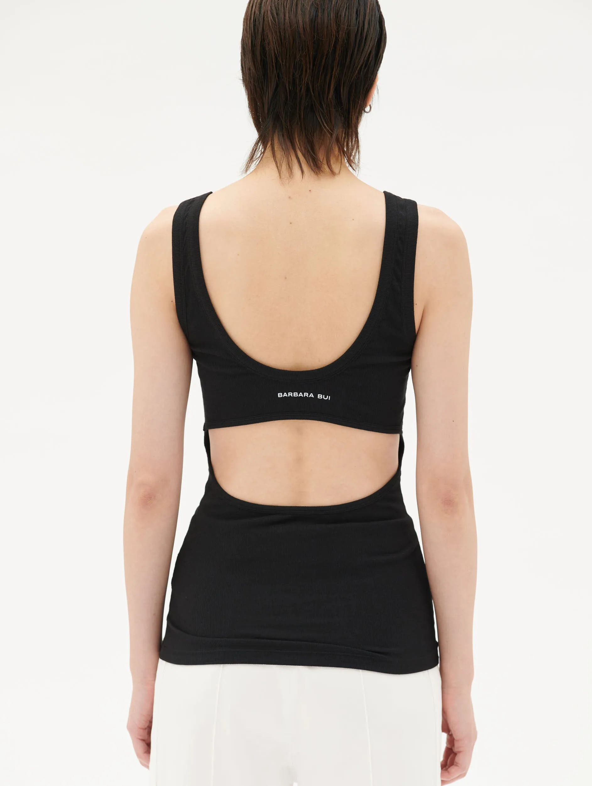 Black ribbed jersey open back tank top