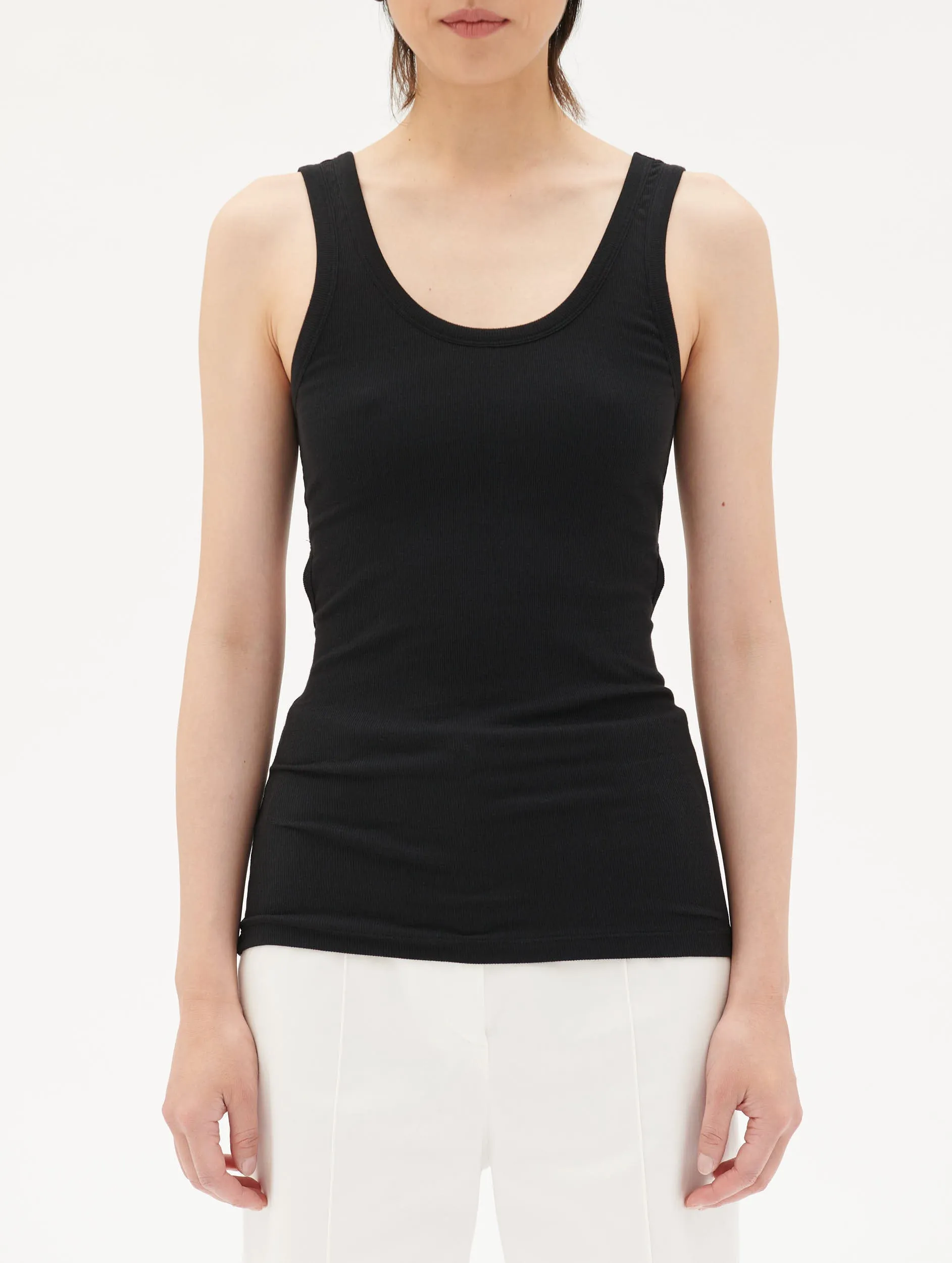 Black ribbed jersey open back tank top