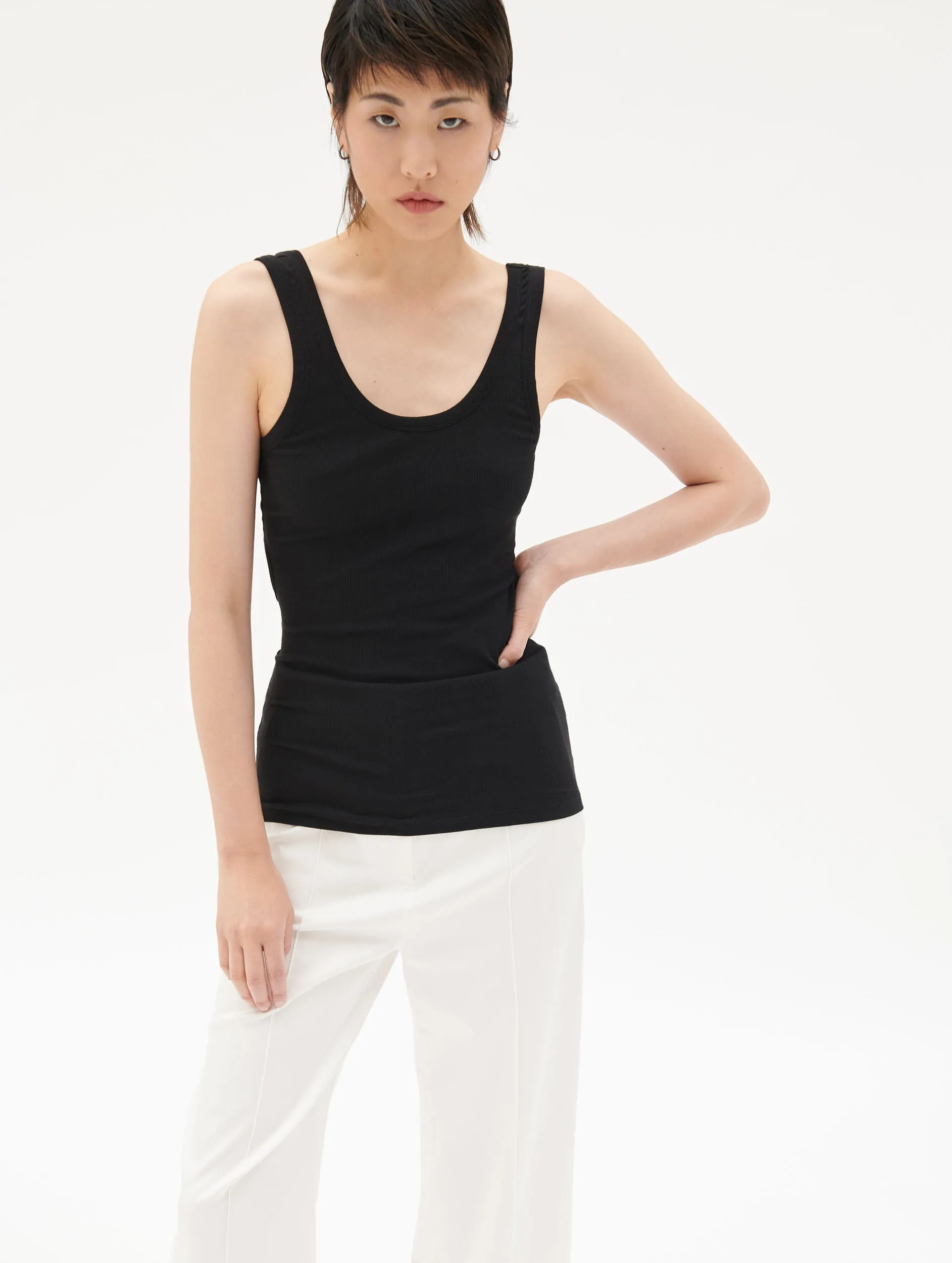 Black ribbed jersey open back tank top