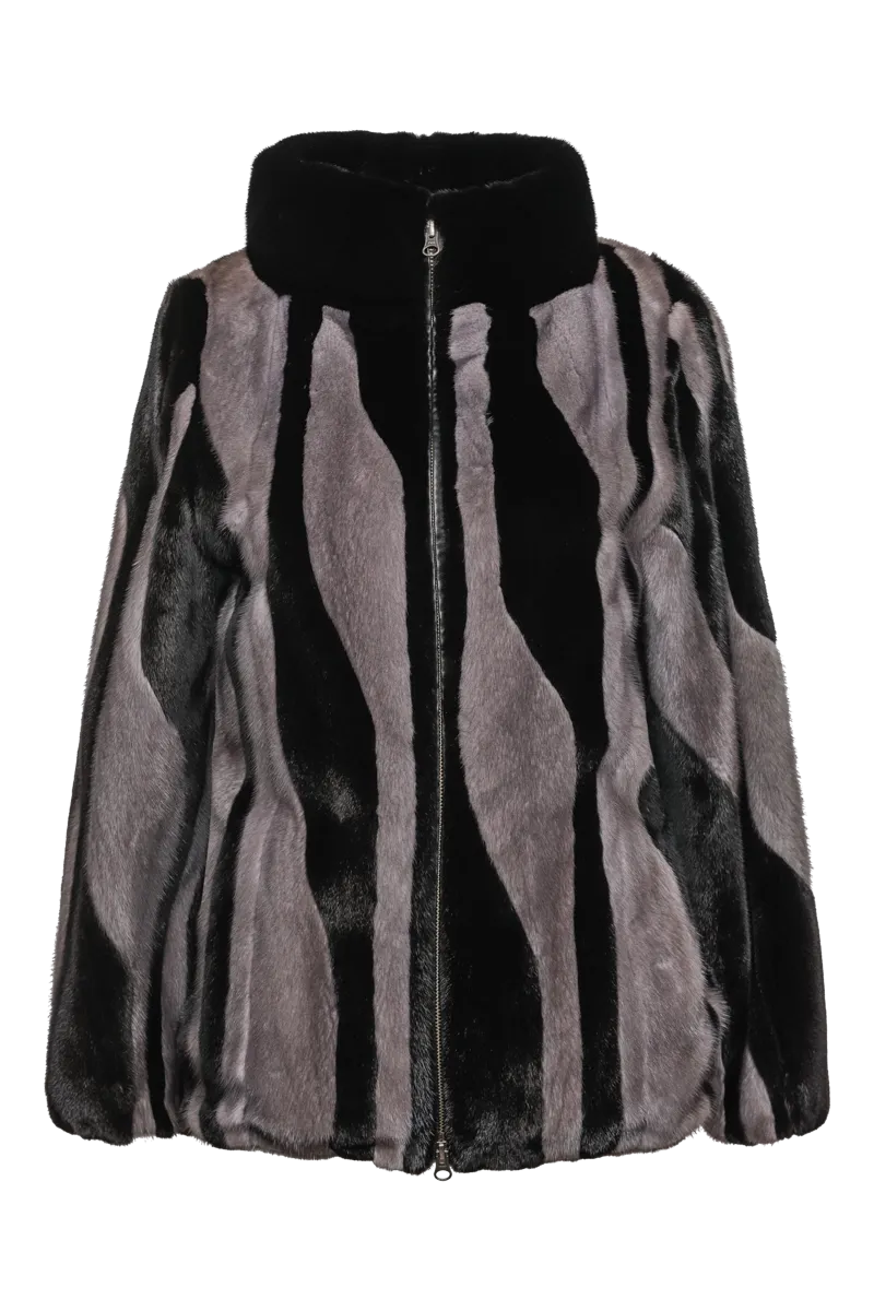 Black Star & Blue Iris Patterned Zip-Up Mink Fur Jacket