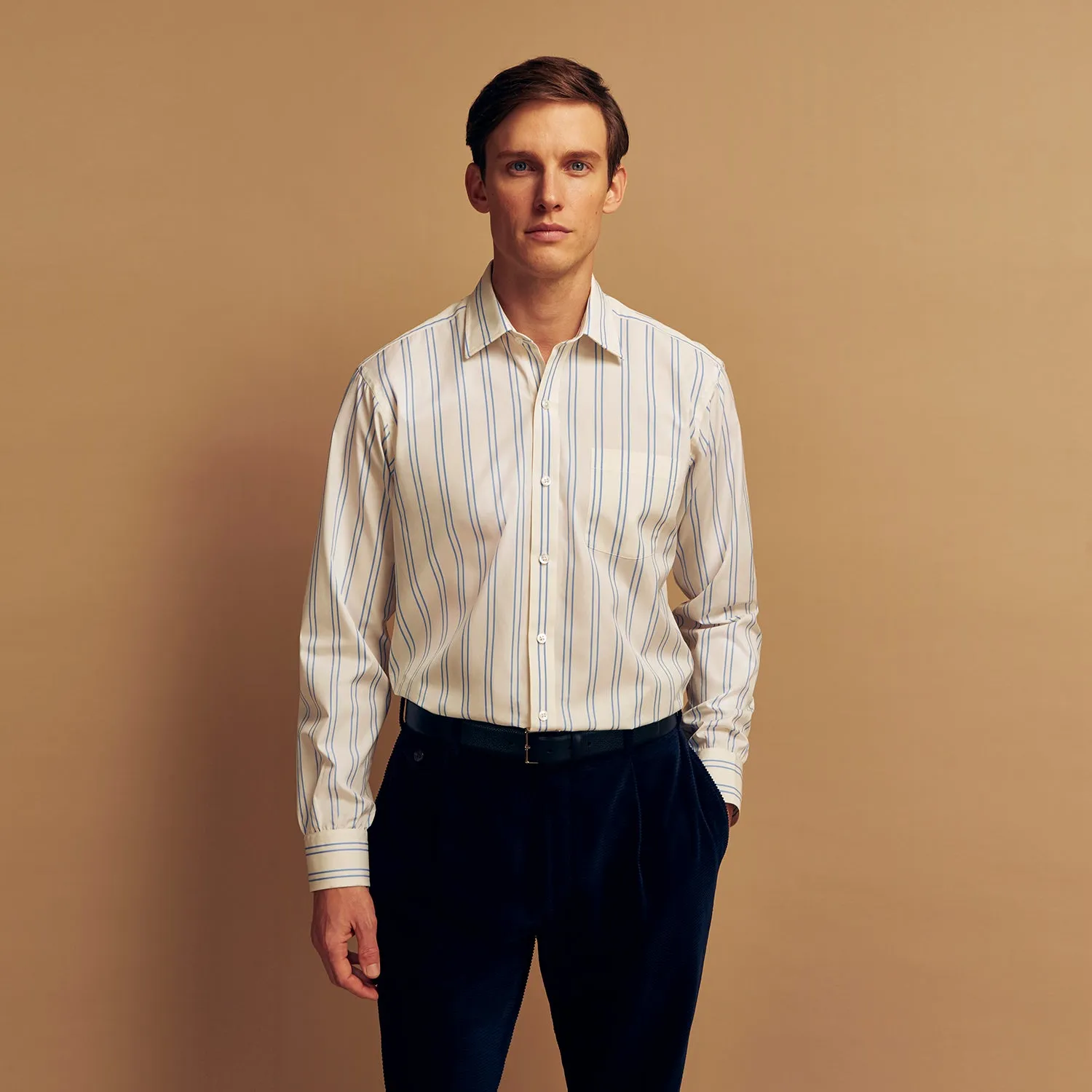 Blue and Off-White Stripe Cotton Weekend Fit Finch Shirt