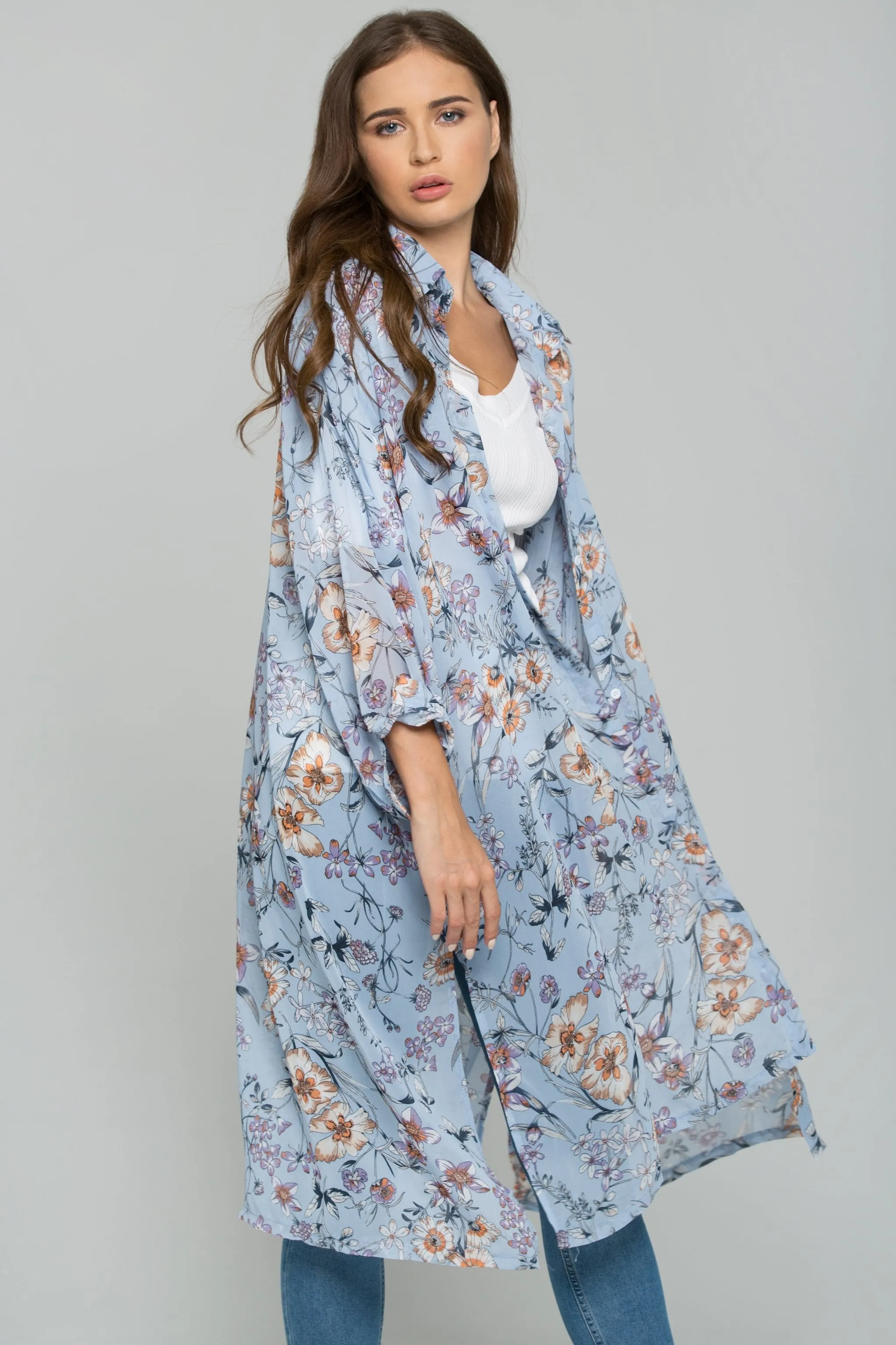 Blue Chiffon Floral Print Hijab Long Sleeved Shirt