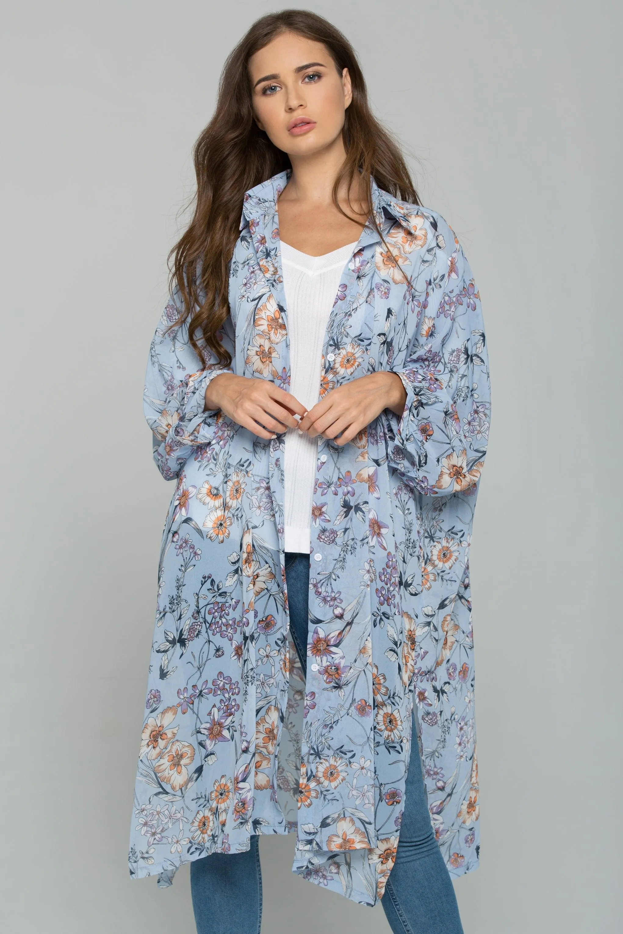 Blue Chiffon Floral Print Hijab Long Sleeved Shirt