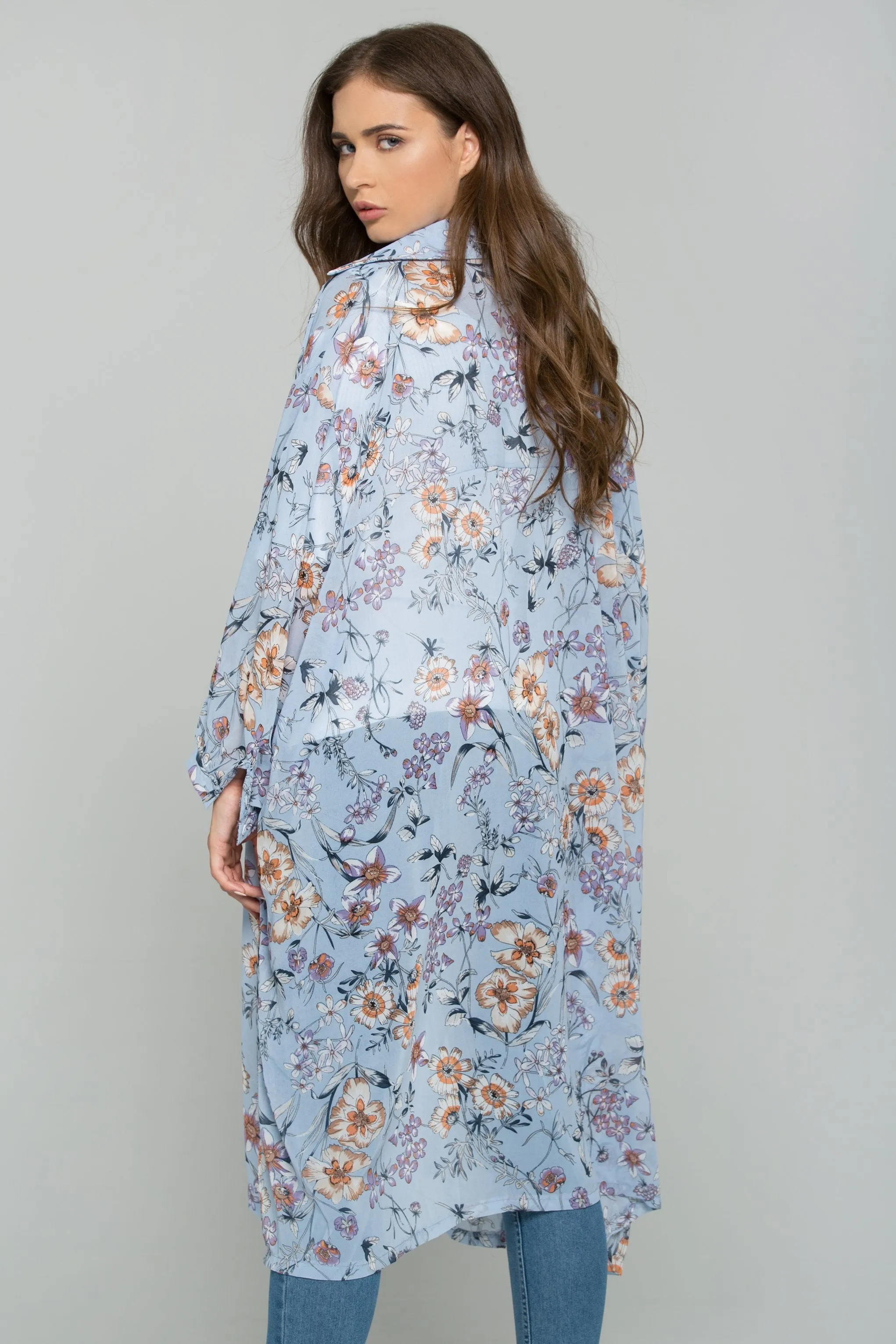 Blue Chiffon Floral Print Hijab Long Sleeved Shirt