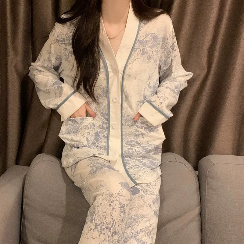 Blue Cotton Cardigan Pajamas