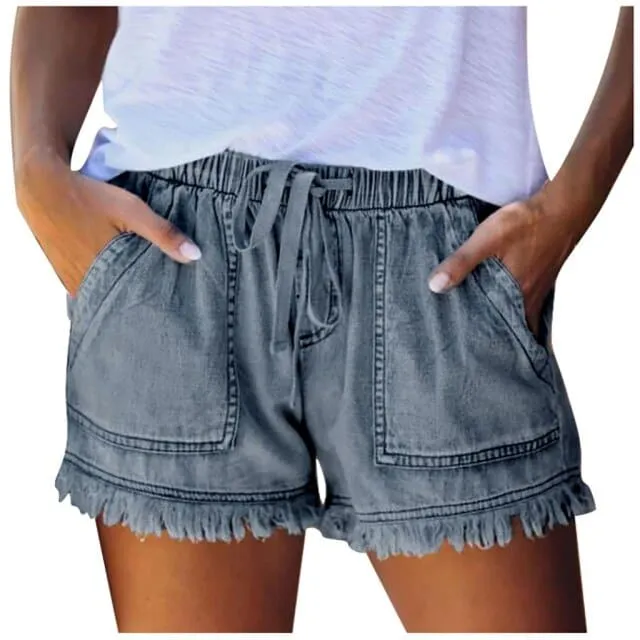 Blue Tassel Lace Up Mid Waist Wide Shorts Summer Bermuda Shorts