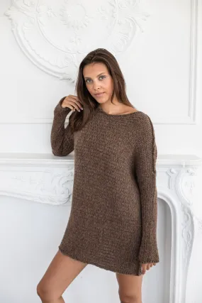 Brown alpaca oversized sweater dress .