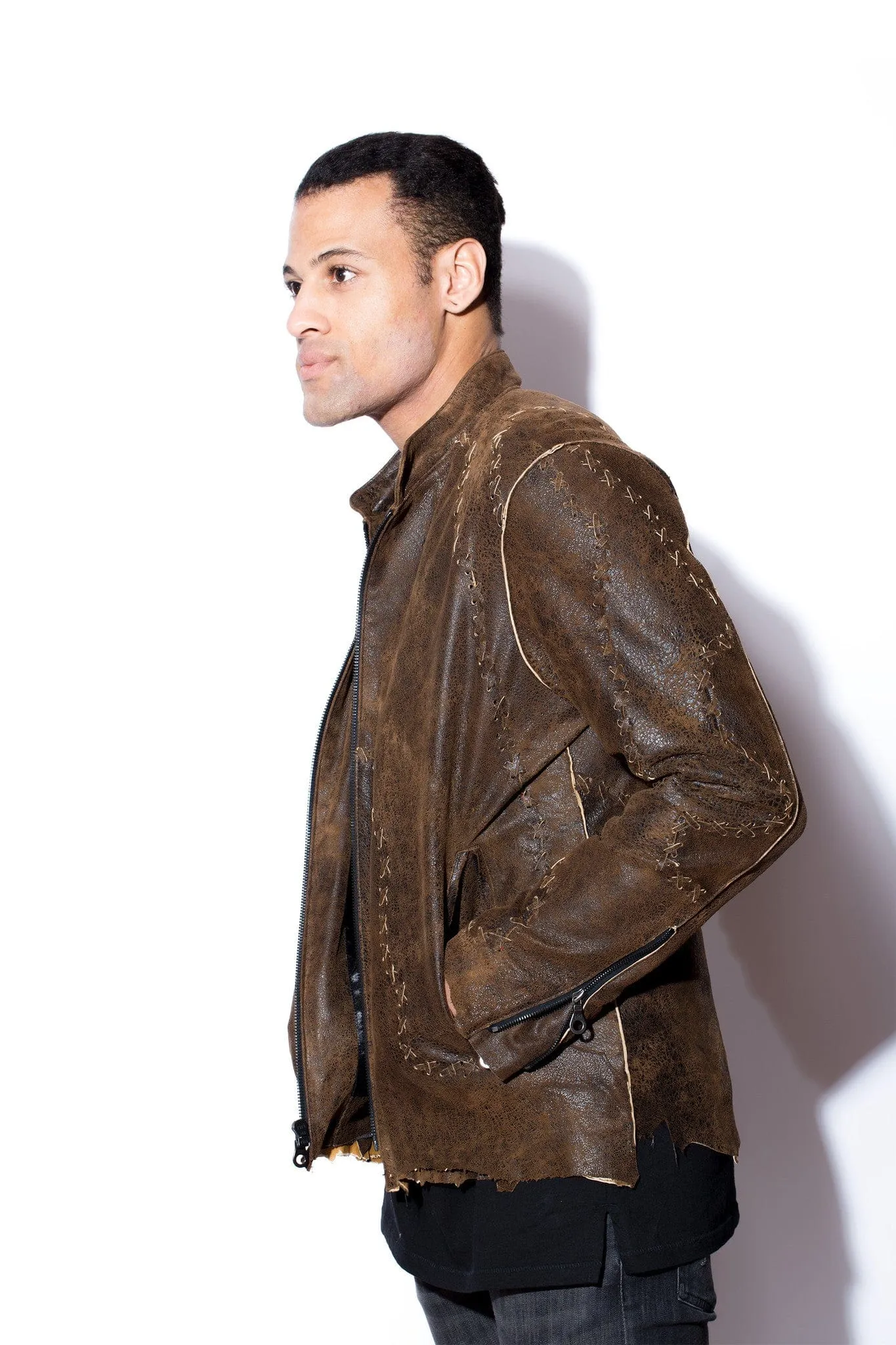 Brown Distressed Leather Jacket with Handlace Cross Stitching