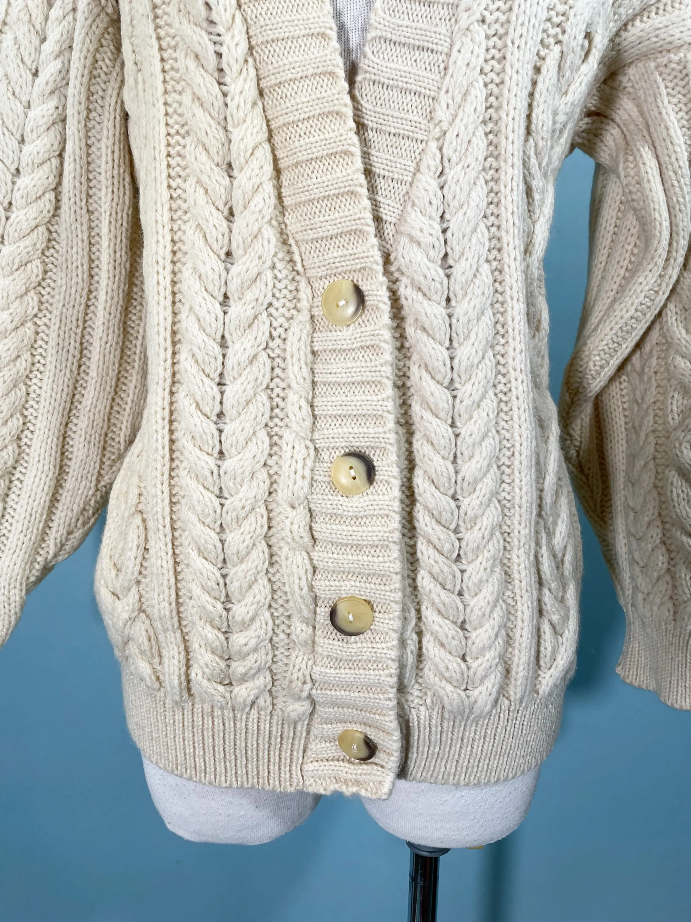 Carducci Cream Wool Cardigan Sweater, Cable Knit Fisherman Sweater M