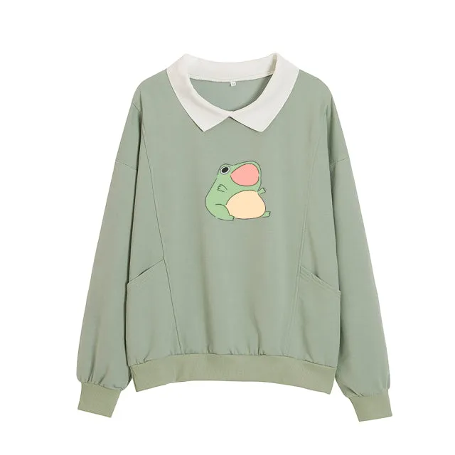 Cartoon Frog Oversized Sweatshirt with Turn-down Collar and Pockets