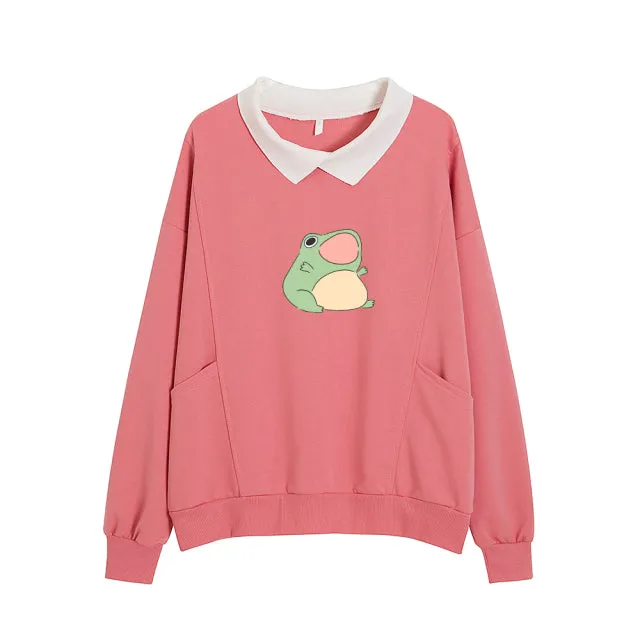 Cartoon Frog Oversized Sweatshirt with Turn-down Collar and Pockets