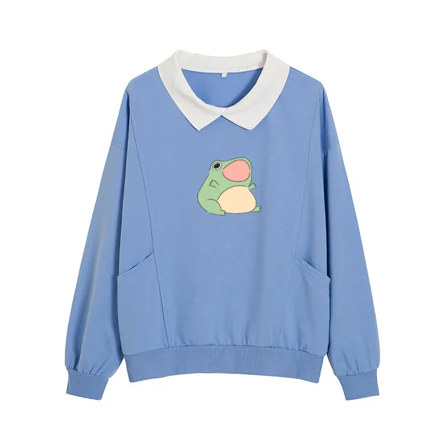 Cartoon Frog Oversized Sweatshirt with Turn-down Collar and Pockets